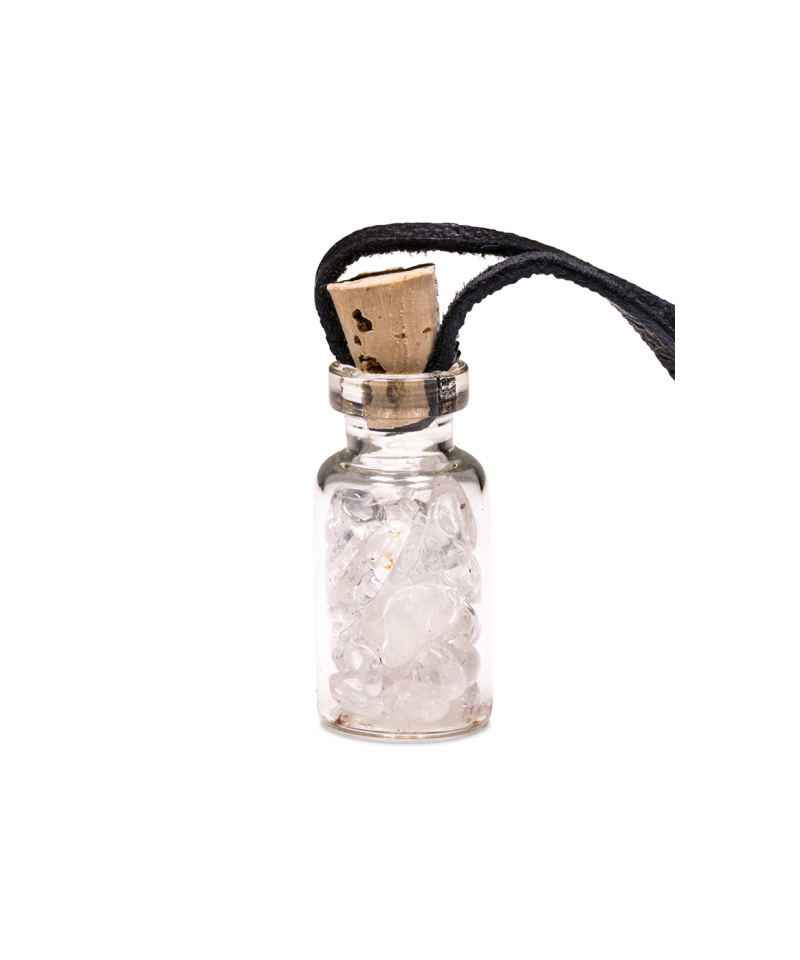 COLLIER PENDENTIF FIOLE EN VERRE DE PIERRES CRISTAL DE ROCHE méditation